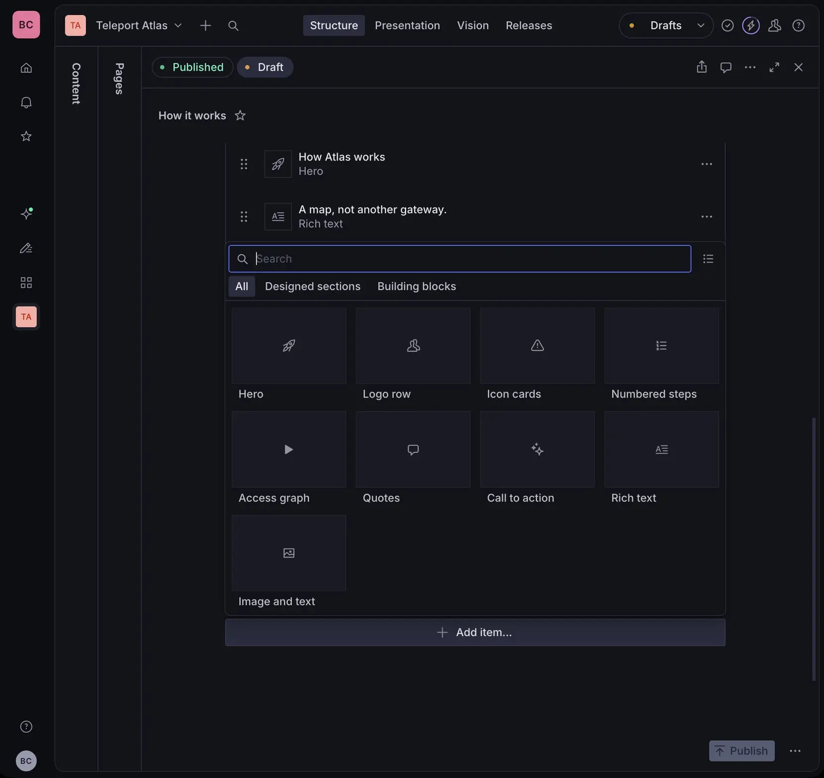 Sanity Studio insert menu open, showing page builder blocks grouped into two tiers
