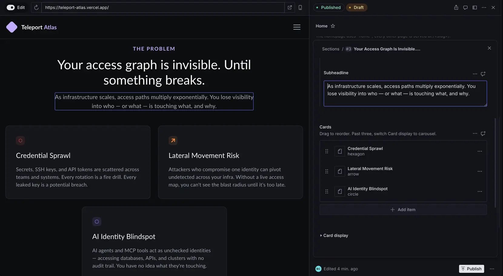Sanity Presentation showing the site preview with click-to-edit overlays active on a text selection
