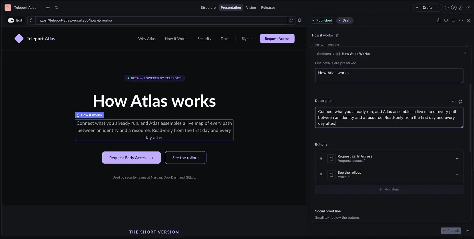 Sanity Presentation with the How It Works document open, previewing /how-it-works/ with click-to-edit overlays on the hero copy