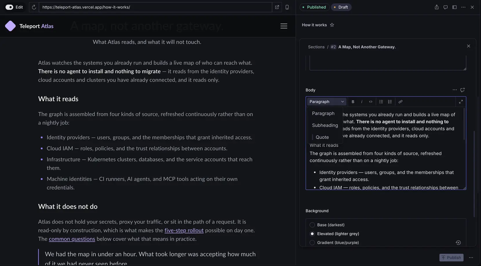 Sanity Studio rich text editor with the style dropdown open, showing Paragraph, Subheading, and Quote