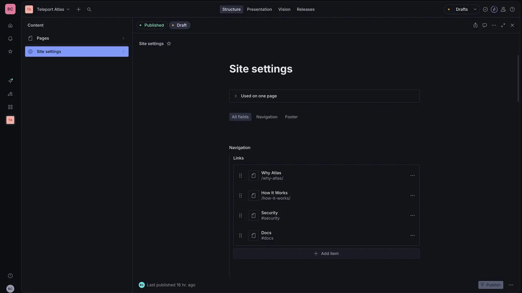Sanity Studio site settings singleton pinned in the Structure sidebar