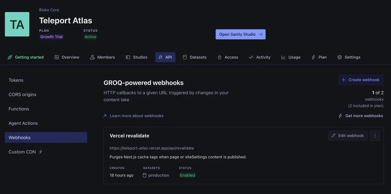 Sanity manage screen showing the GROQ-powered webhook pointing at the site's revalidate endpoint