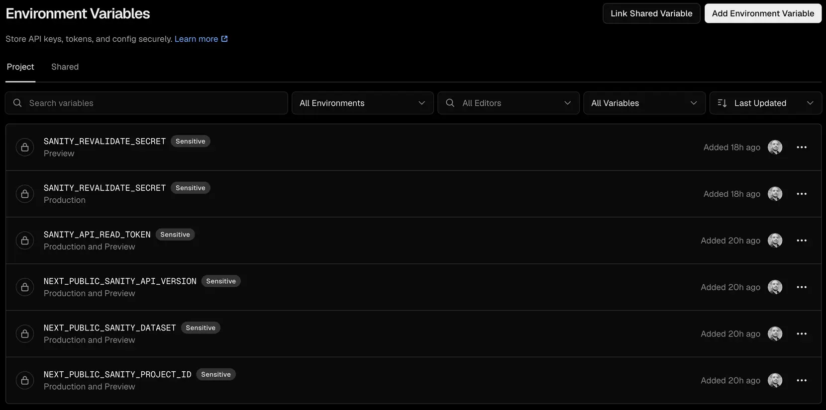 Vercel environment variables list showing Sanity project ID, dataset, API version, read token, and revalidate secret, all marked sensitive