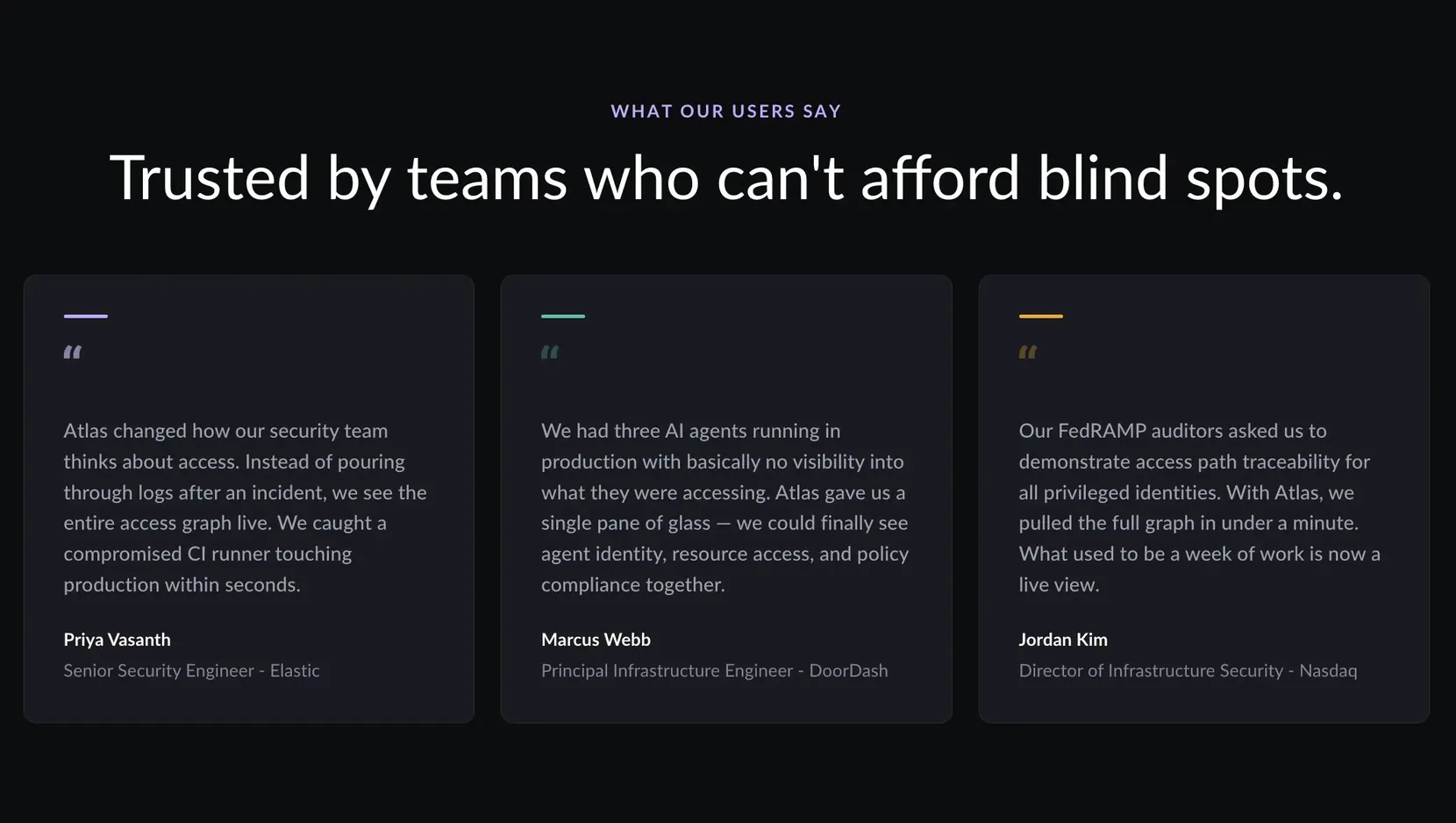 The testimonials section with three quote cards, each marked up as a blockquote inside a figure.