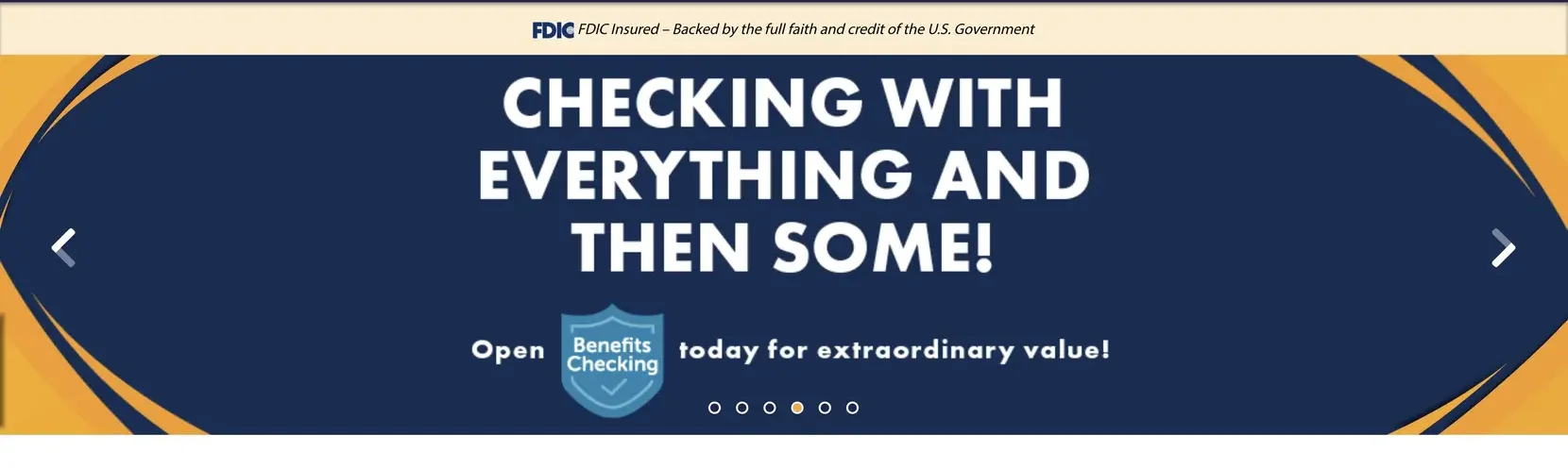 TXN Bank home page carousel, with the flare marks from the print pamphlet on the left and right edges, the slick.js arrows, and the pagination dots