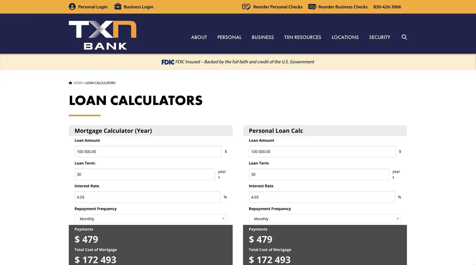 TXN Bank loan calculators page with the mortgage and personal loan calculators side by side