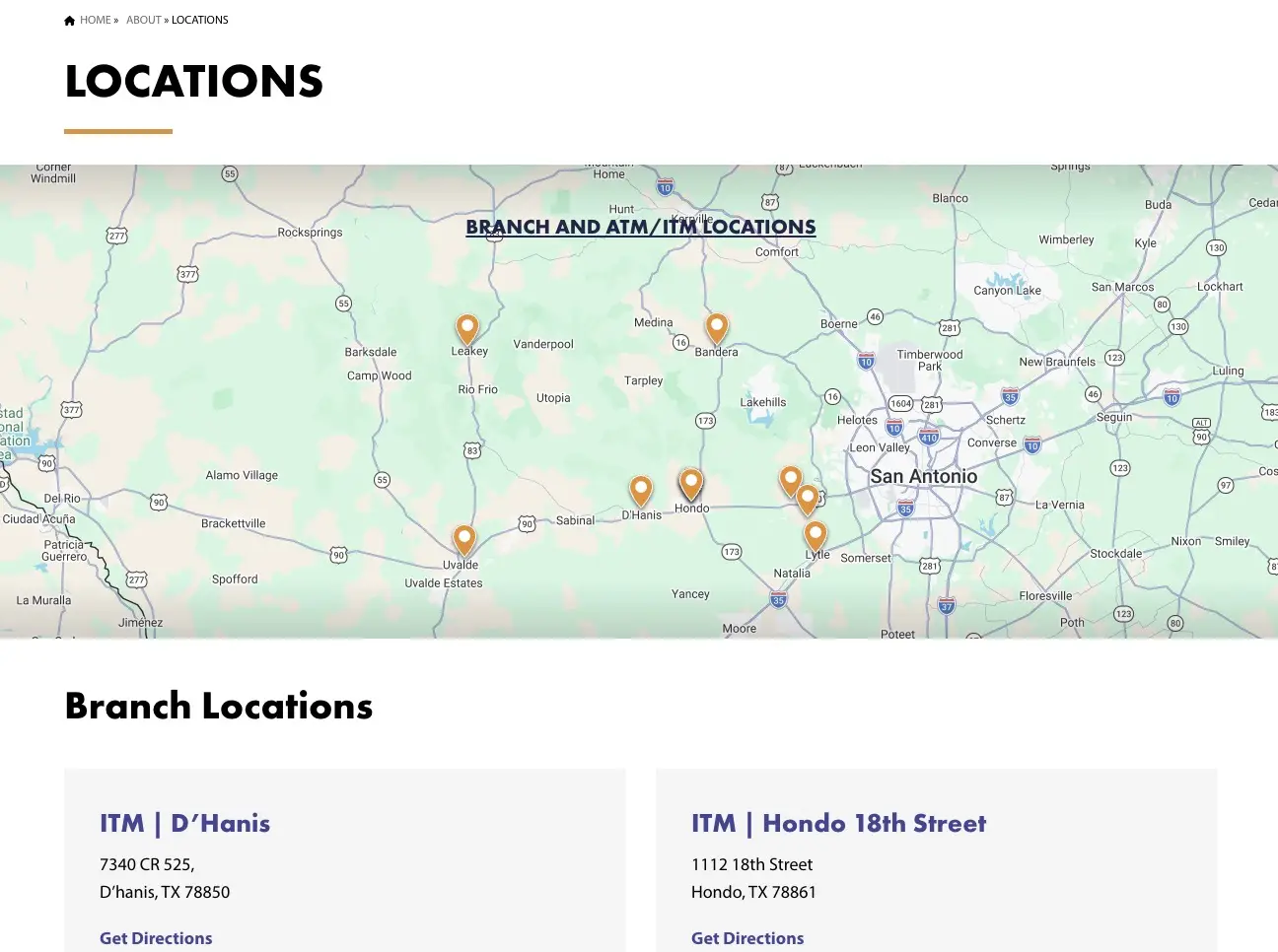 TXN Bank locations page, with the branch map above the branch listing