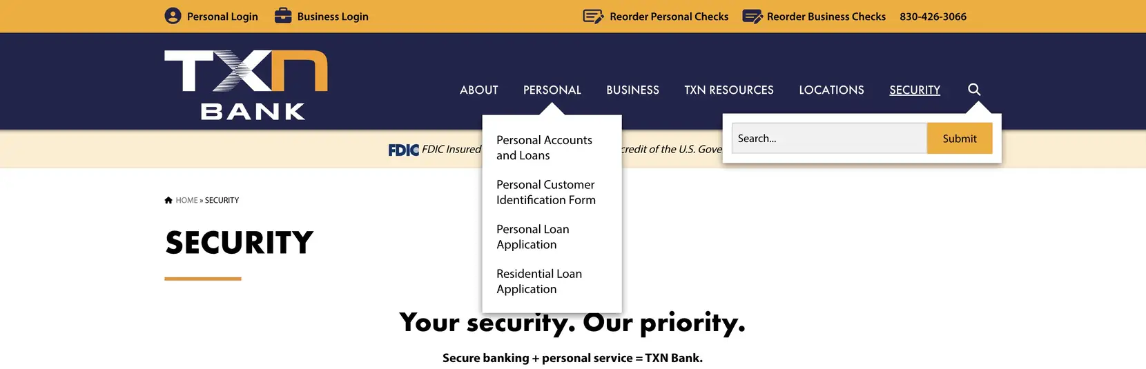 TXN Bank main menu drop-down and search overlay
