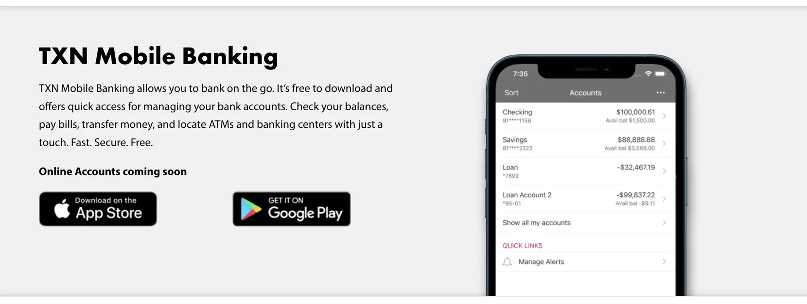 TXN Mobile Banking section on the home page, with the app mockup taken from the client's printed pamphlet