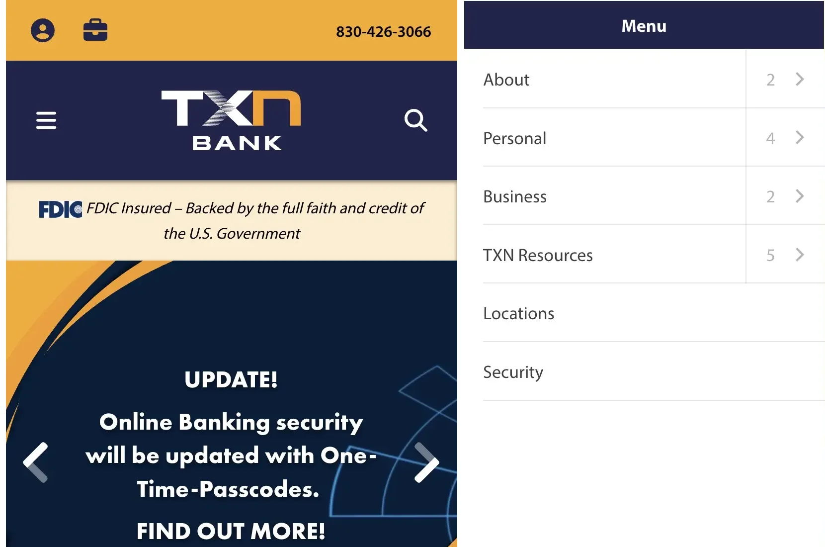 TXN Bank at mobile width, showing the home page with the hamburger button and the carousel text over the slide image, next to the navigation opened, with a child count and an arrow on each parent item