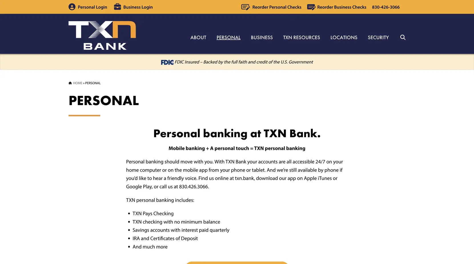 TXN Bank personal banking page