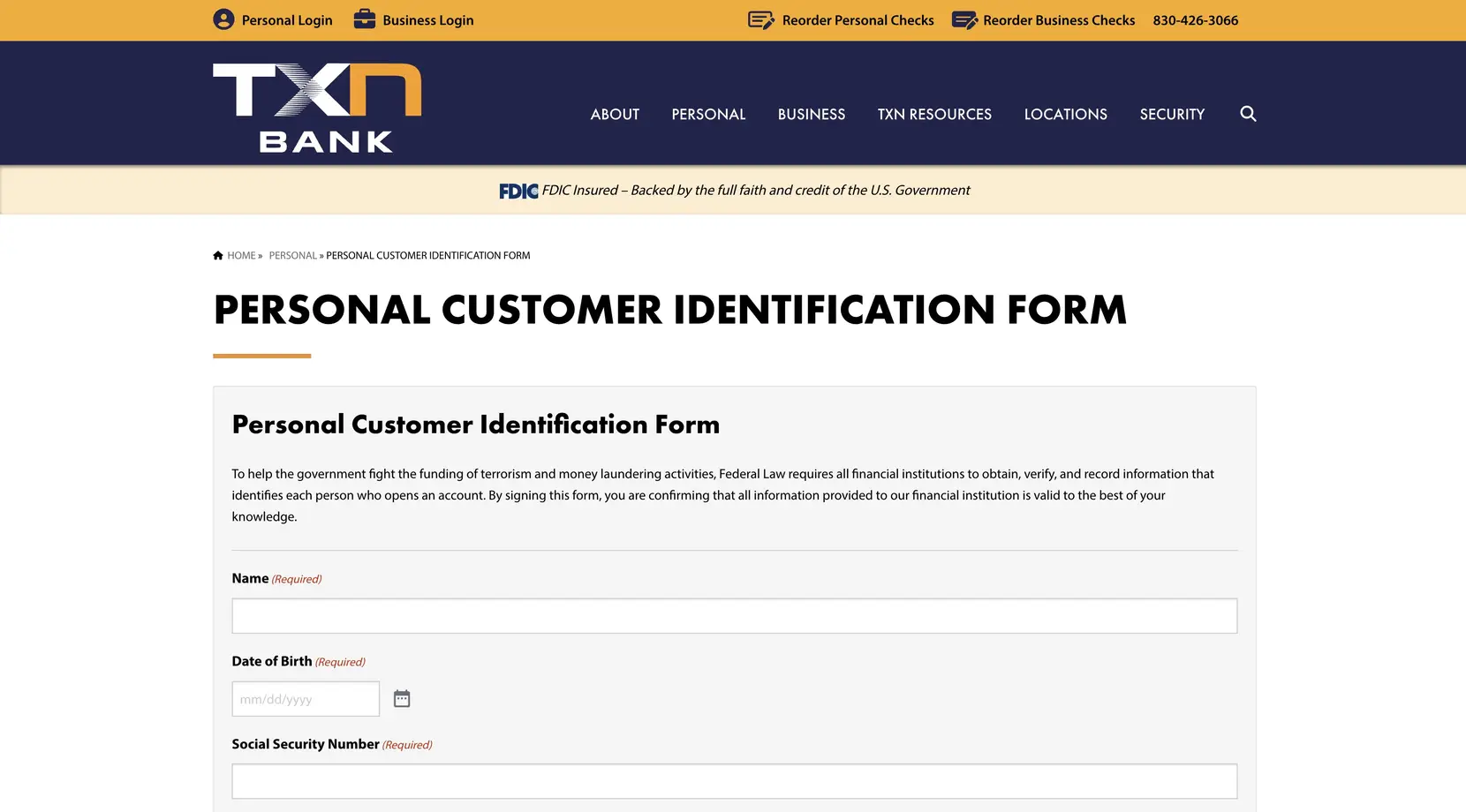 TXN Bank personal customer identification form
