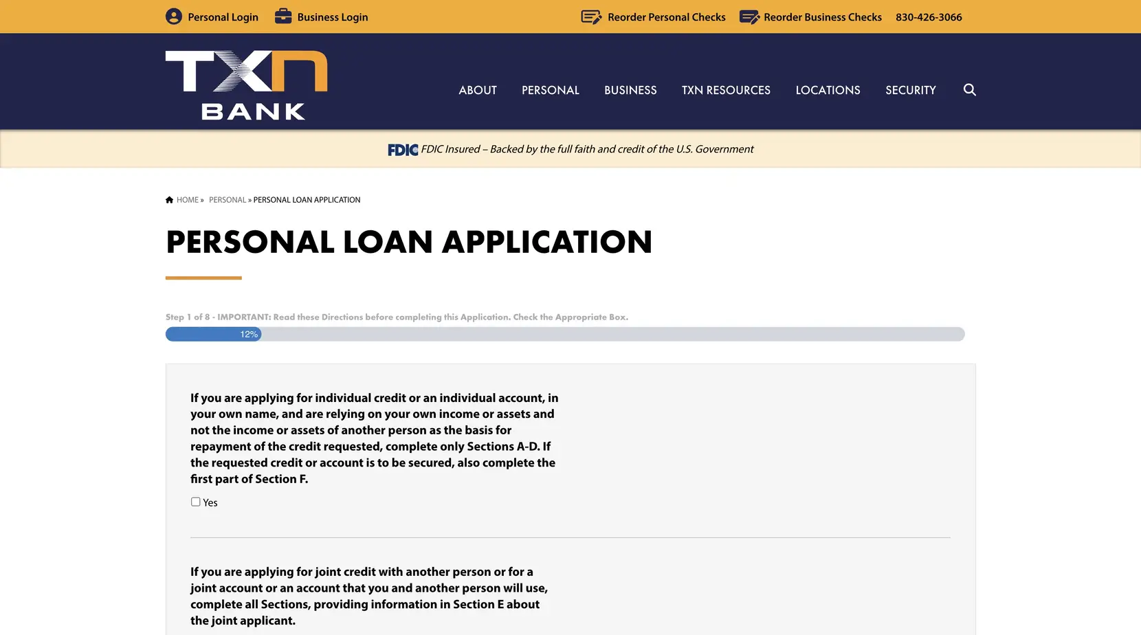 Step one of the TXN Bank personal loan application, an eight-step Gravity Form