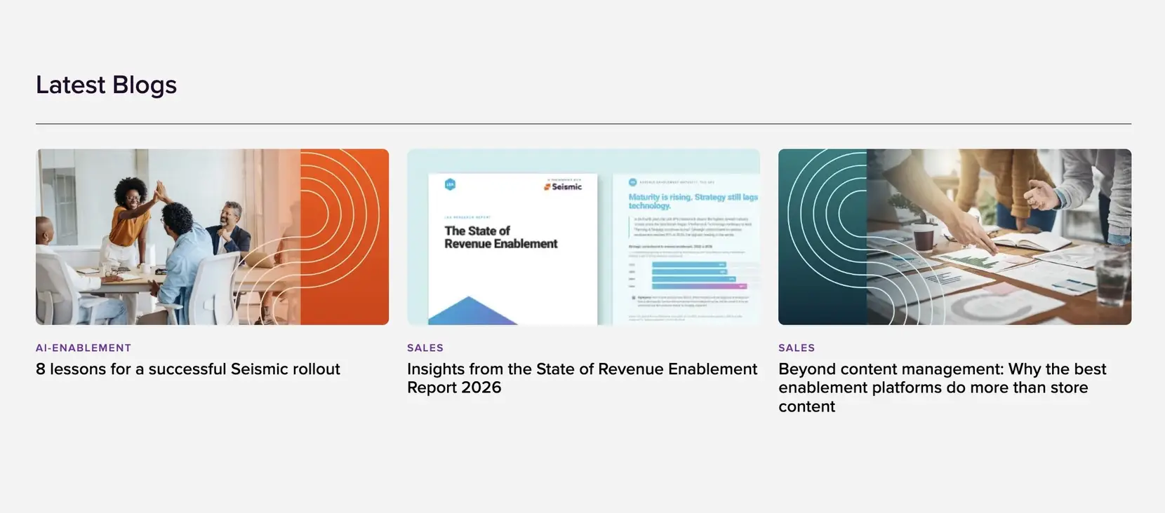 Three post cards at the bottom of a seismic.com blog post on the 2025 Sitecore template