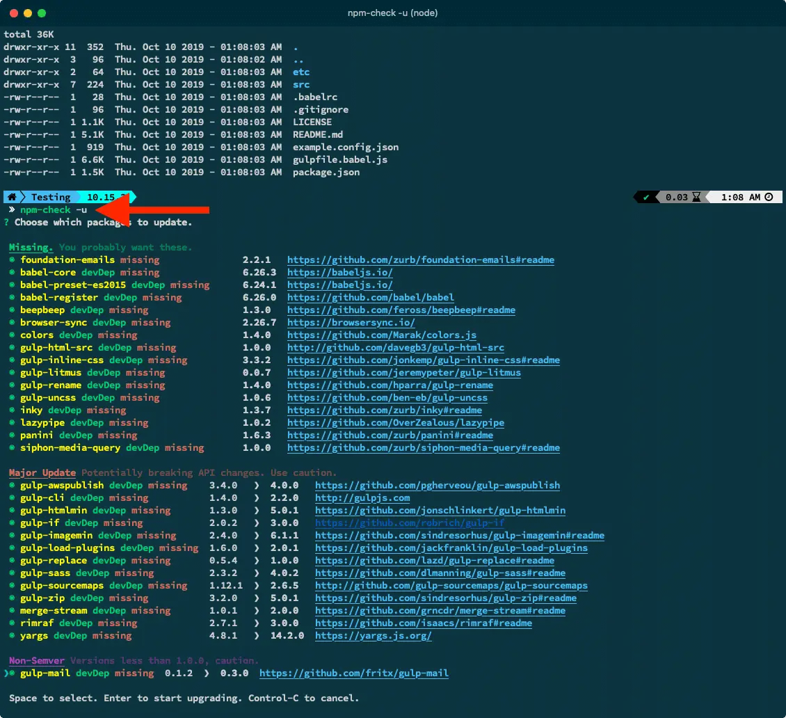 A list of the outdated npm packages