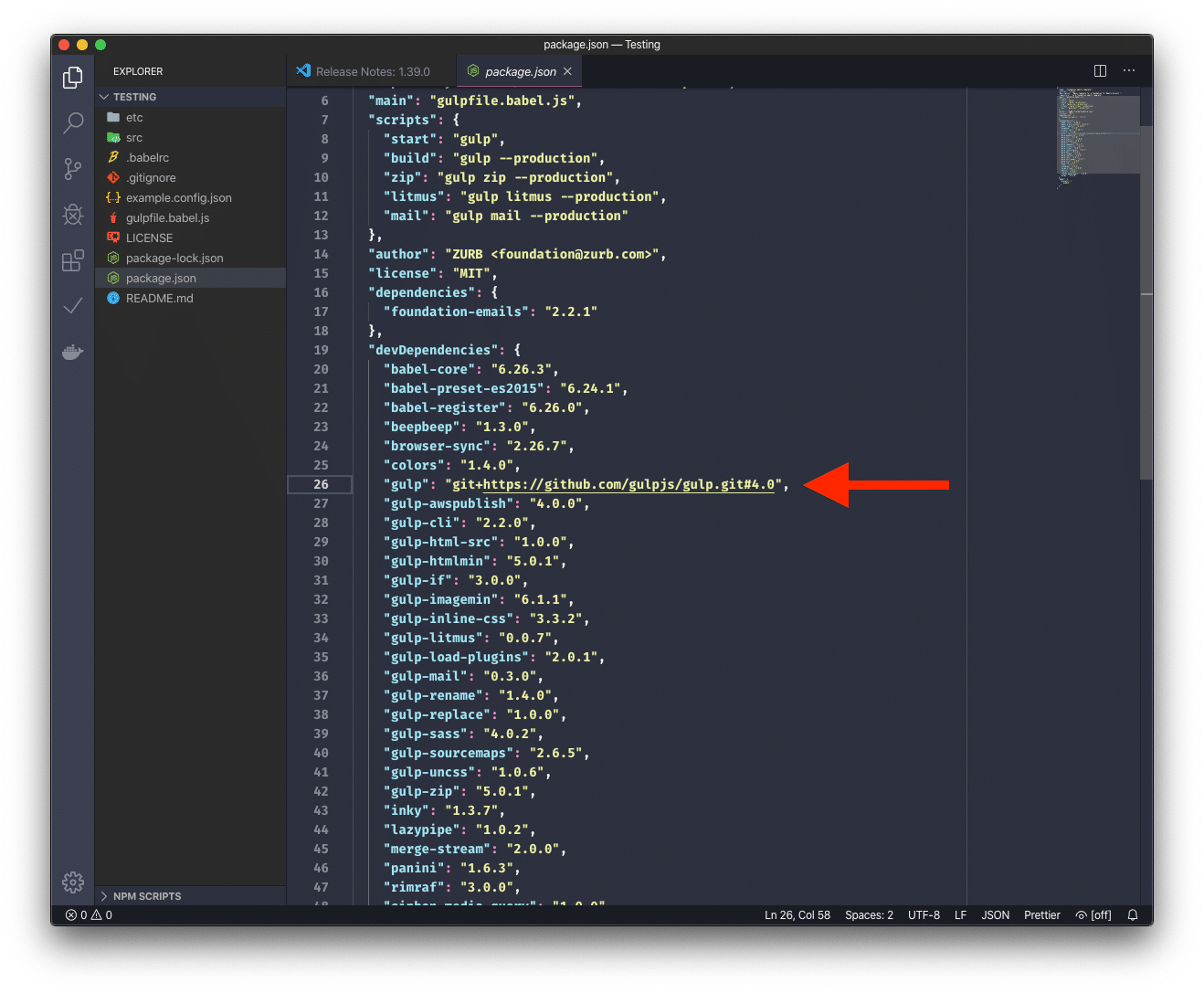 The project package.json file where the gulp line is located